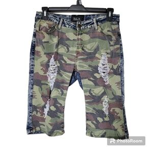 Dazl Two Toned Green Camouflage Distressed Front Acid Wash Blue Denim Back 13